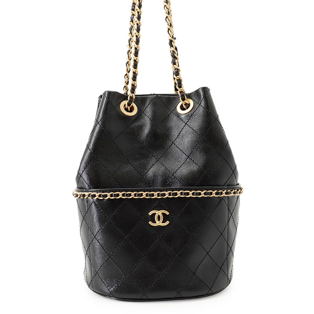 Chanel Chain Shoulder Bag CC Logo Quilted Around Shiny Lambskin Black