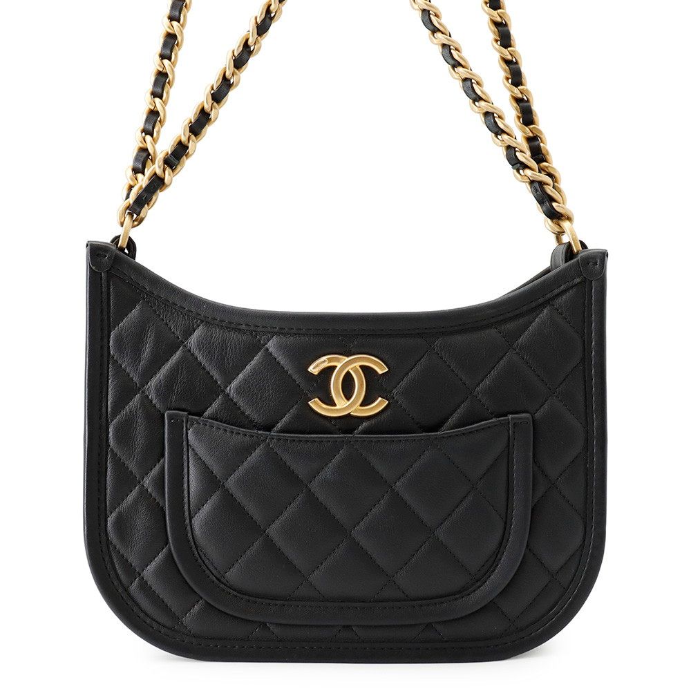 Chanel Chain Shoulder Bag Quilted CC Logo Hobo Calfskin Black