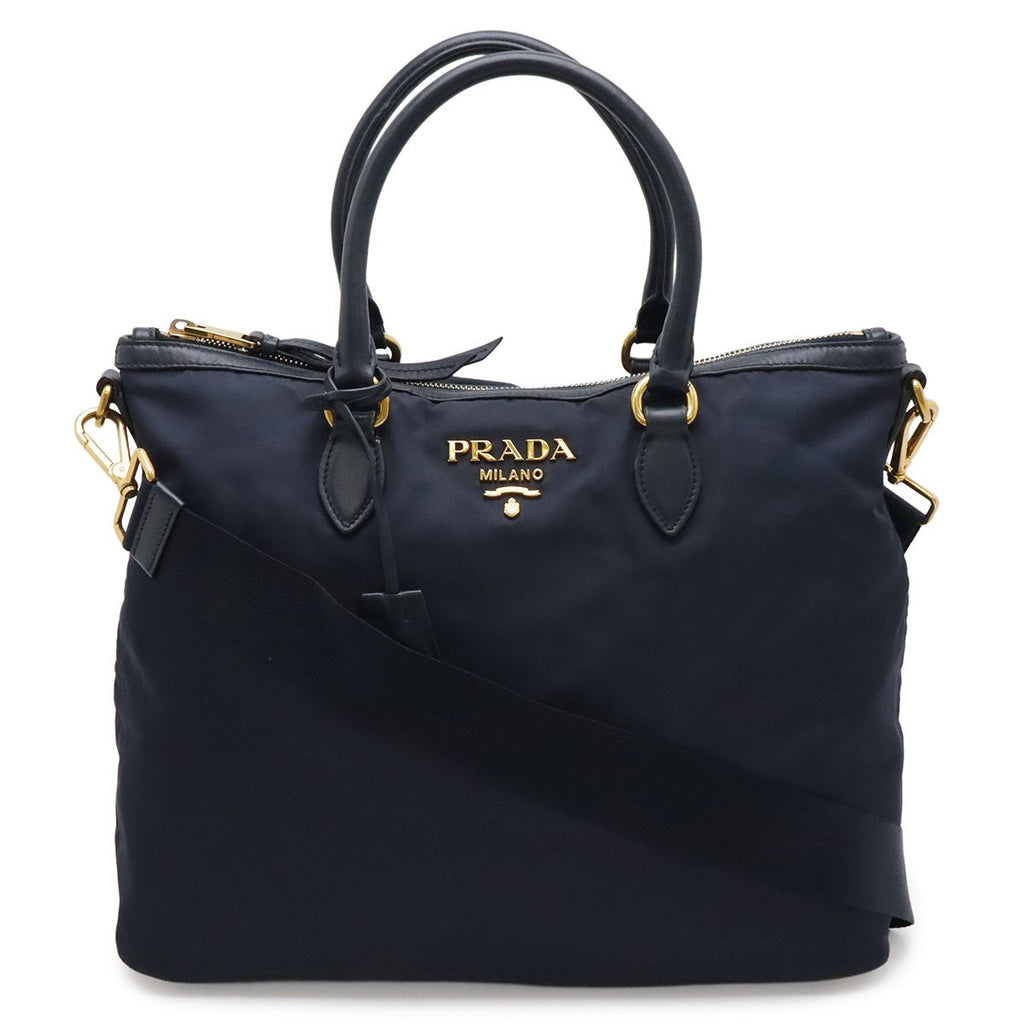 Prada Tote Shoulder Bag 2-Way Nylon Leather Navy Gold