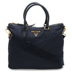 Prada Tote Shoulder Bag 2-Way Nylon Leather Navy Gold