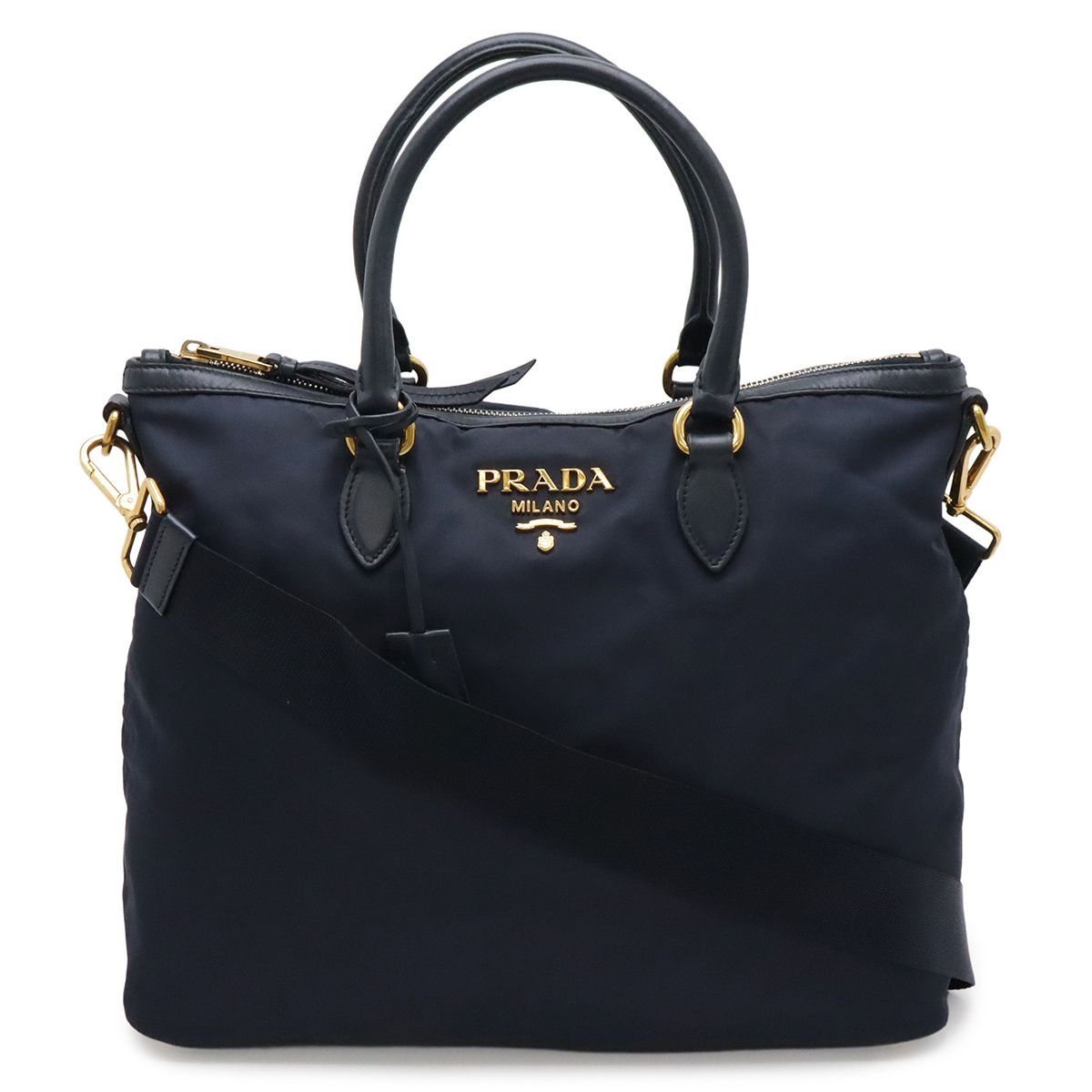 Prada Tote Shoulder Bag 2-Way Nylon Leather Navy Gold