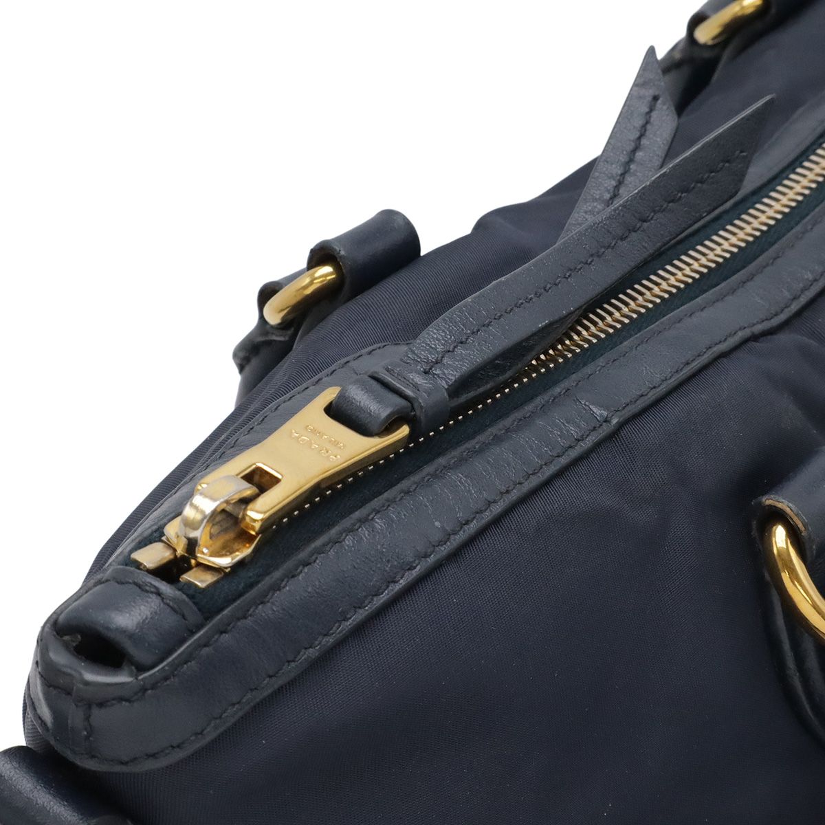 Prada Tote Shoulder Bag 2-Way Nylon Leather Navy Gold — view 4