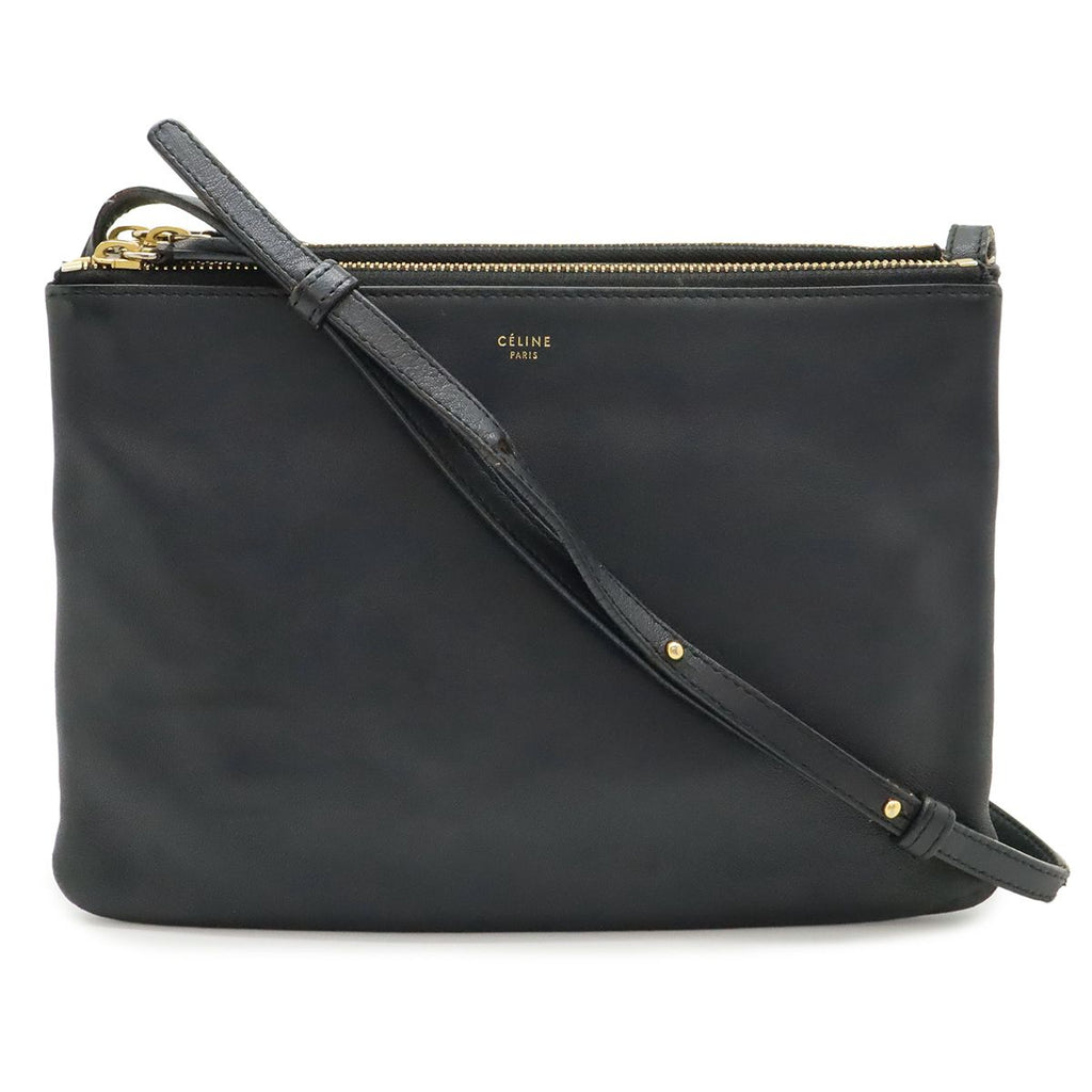 Celine Trio Large Shoulder Bag Pochette Crossbody Pouch Leather Black Gold