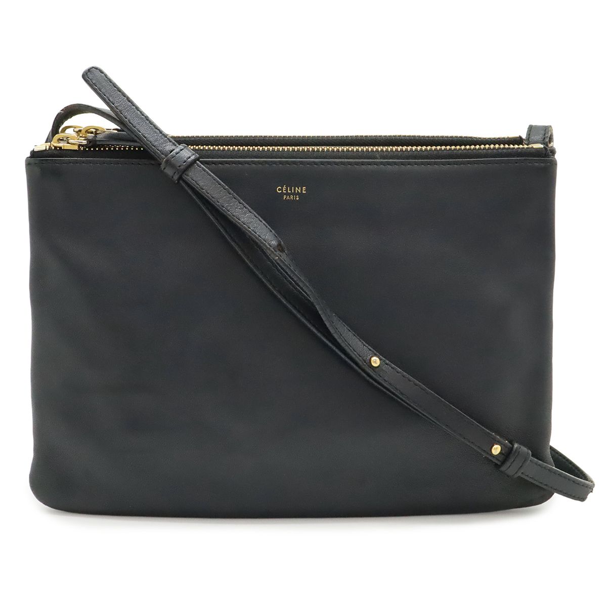 Celine Trio Large Shoulder Bag Pochette Crossbody Pouch Leather Black Gold