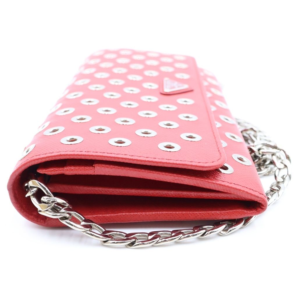 Prada Saffiano Perforated Stud Chain Wallet Red Shoulder Bag — view 3