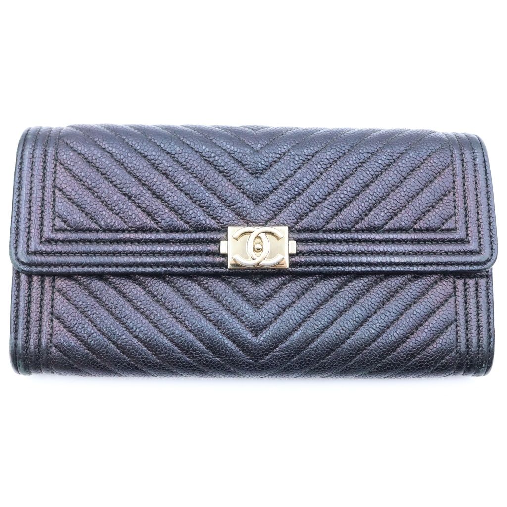 Chanel Boy Wallet Card Case Black Caviar Leather Gold