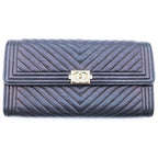 Chanel Boy Wallet Card Case Black Caviar Leather Gold