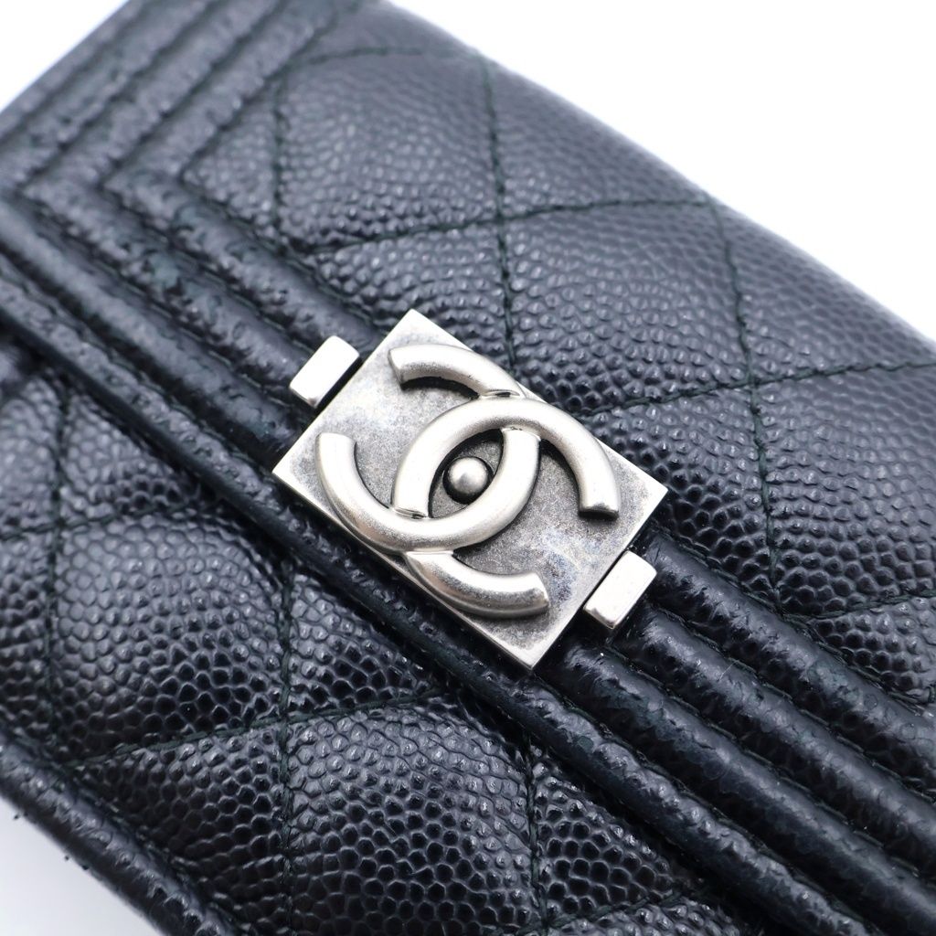 Chanel Boy Trifold Wallet Compact Coin Purse Black Caviar Leather Silver — view 4