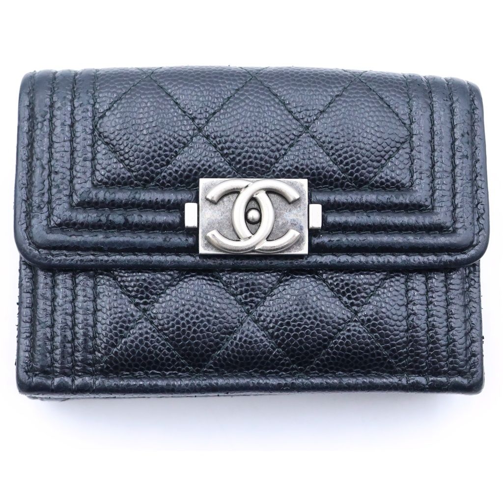 Chanel Boy Trifold Wallet Compact Coin Purse Black Caviar Leather Silver