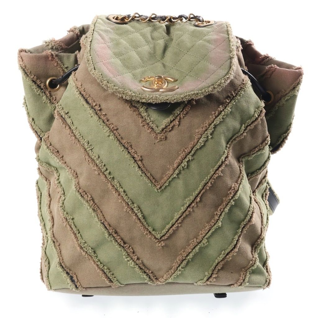 Chanel CC Logo Quilted Slash Quilt Canvas Chain Shoulder Backpack Gold Khaki