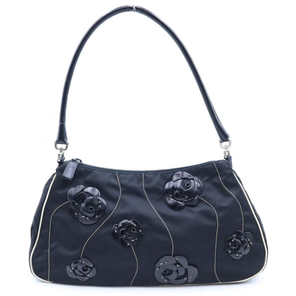 Prada Leather Flower Bag Black Nylon Silver