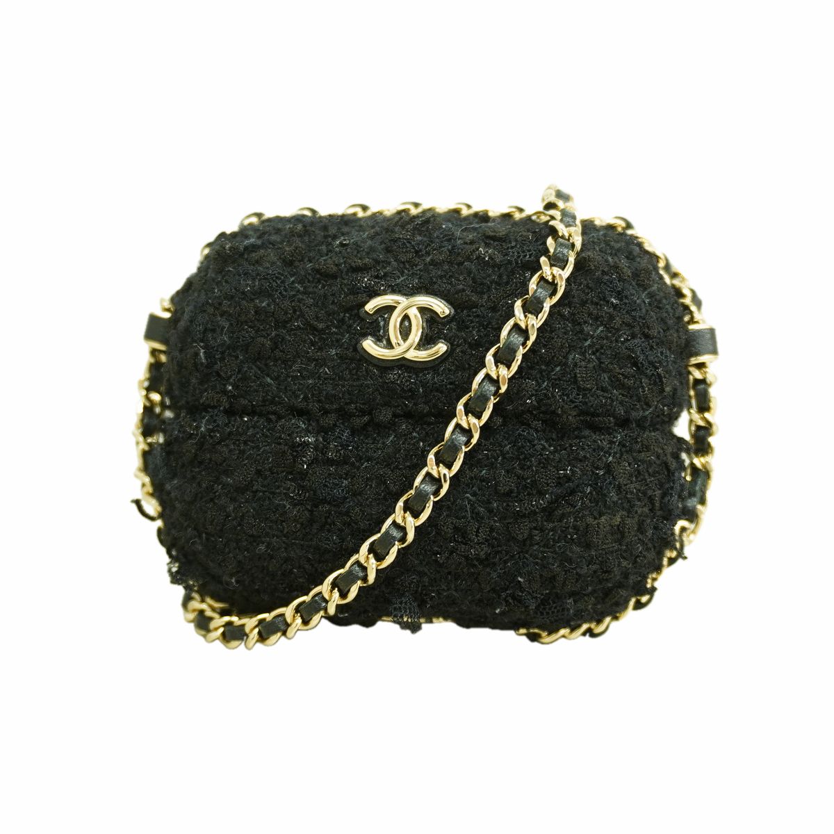 Chanel Airpods Case Tweed Black Champagne Gold Shoulder Bag