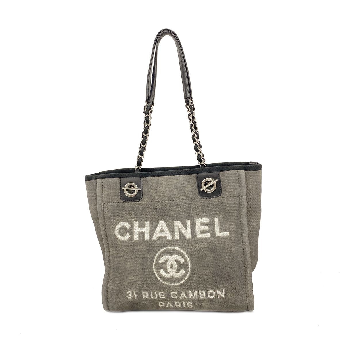 Chanel Chain Tote Bag Deauville Canvas Gray Silver