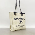 Chanel Chain Tote Bag Deauville Raffia Ivory Navy Silver — view 2