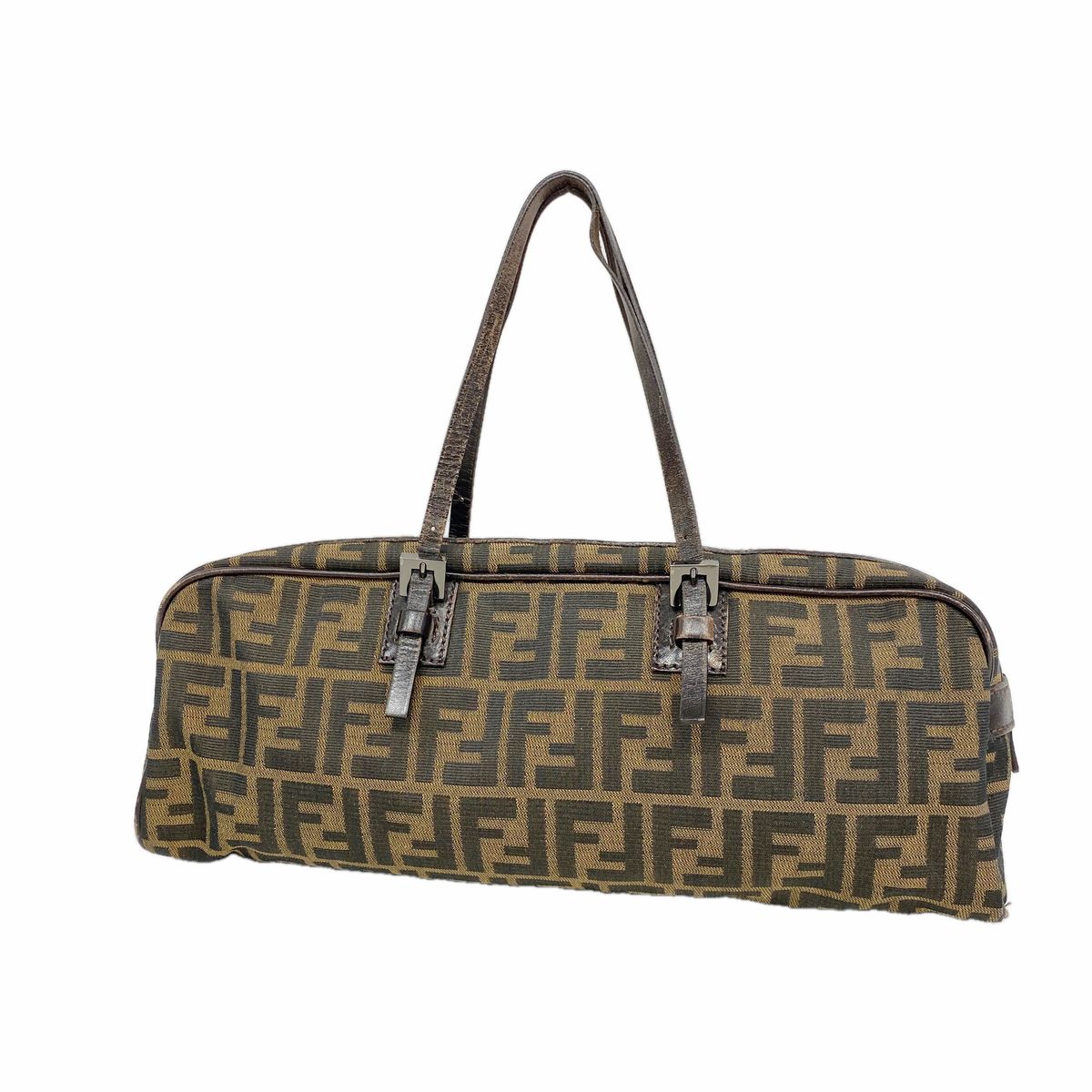 Fendi Handbag Zucca Nylon Canvas Brown Silver