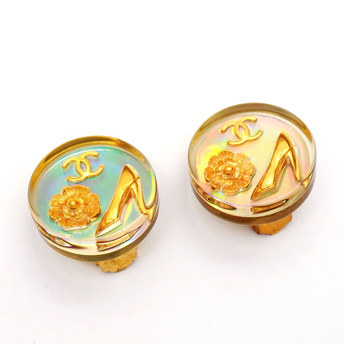 Chanel Earrings Vintage CC Logo Camellia Round Circle High Heels Motif Gold — view 2