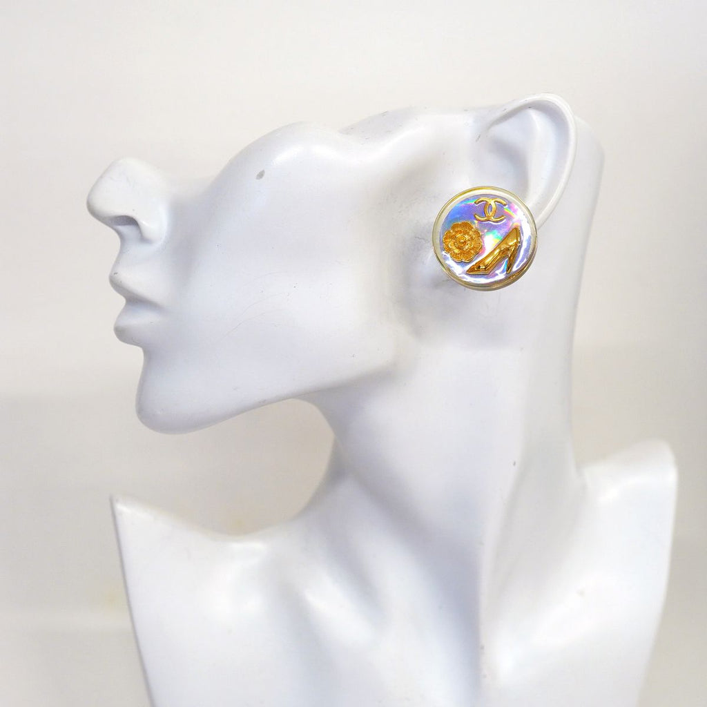 Chanel Earrings Vintage CC Logo Camellia Round Circle High Heels Motif Gold — view 5