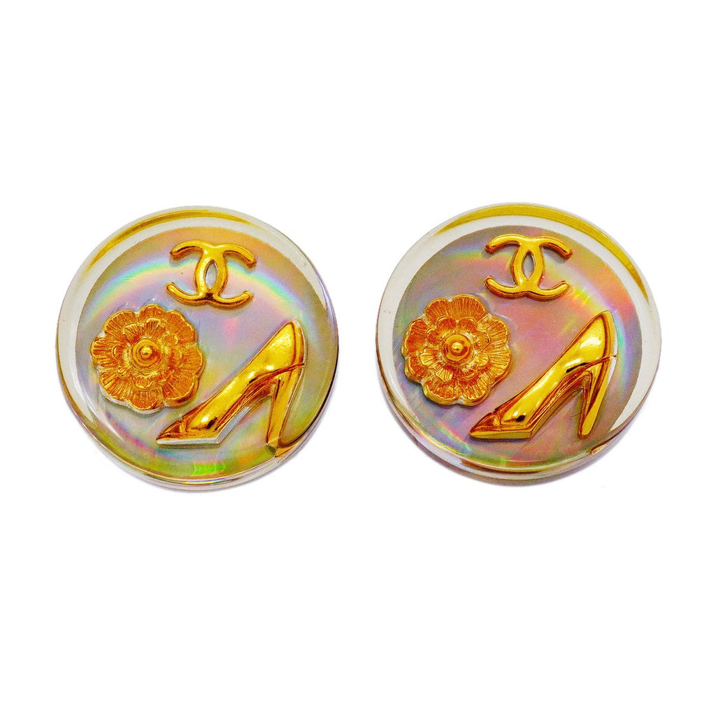 Chanel Earrings Vintage CC Logo Camellia Round Circle High Heels Motif Gold