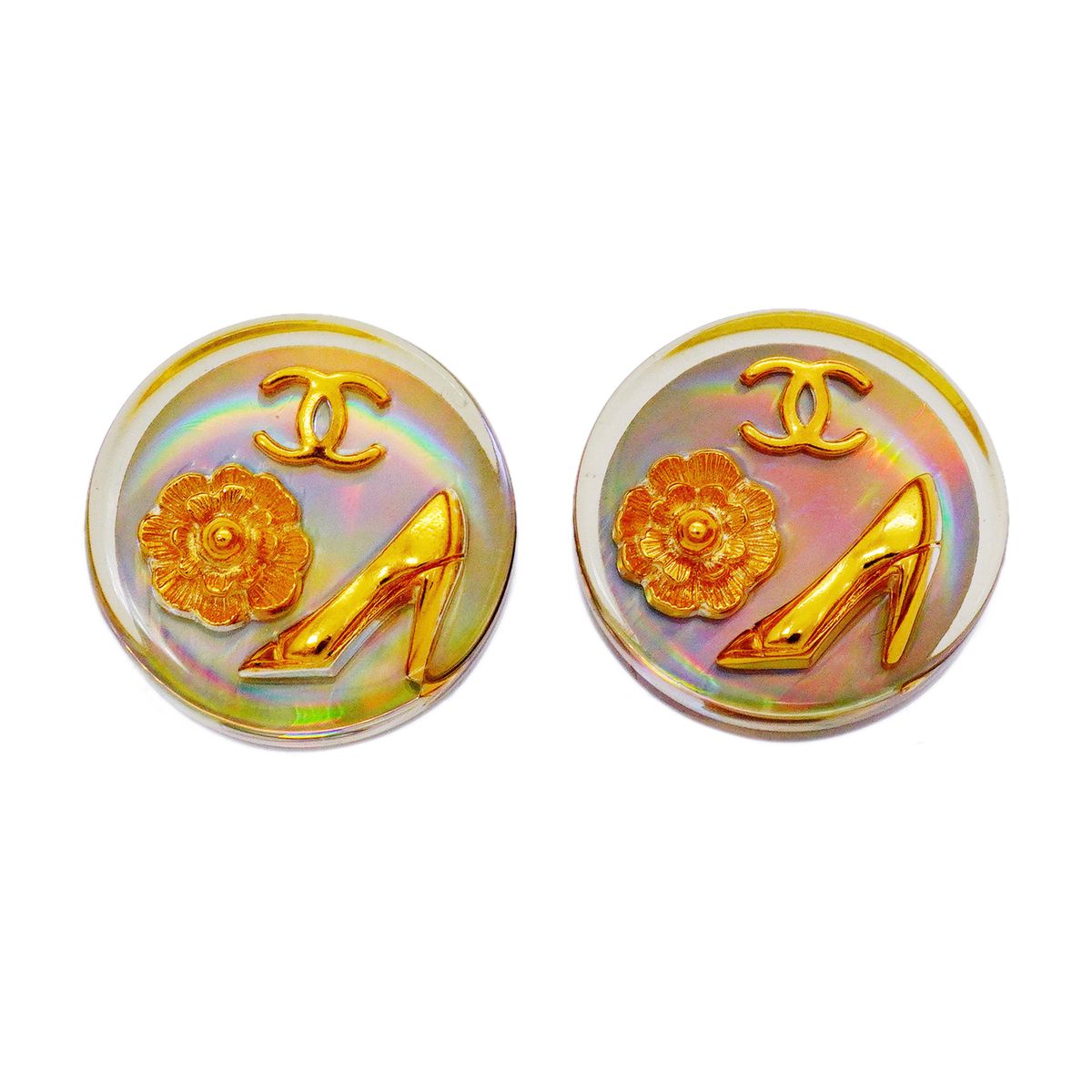 Chanel Earrings Vintage CC Logo Camellia Round Circle High Heels Motif Gold