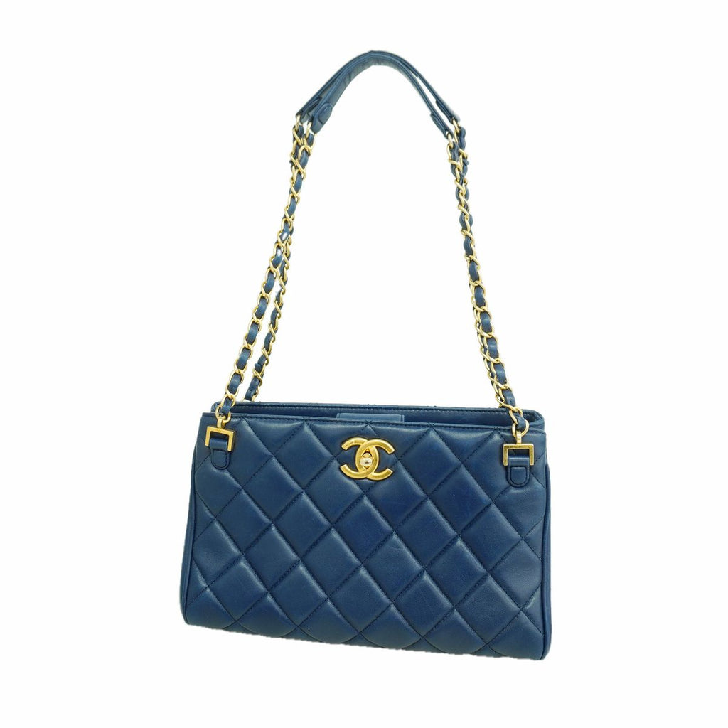 Chanel Shoulder Bag Quilted Lambskin Blue Gold
