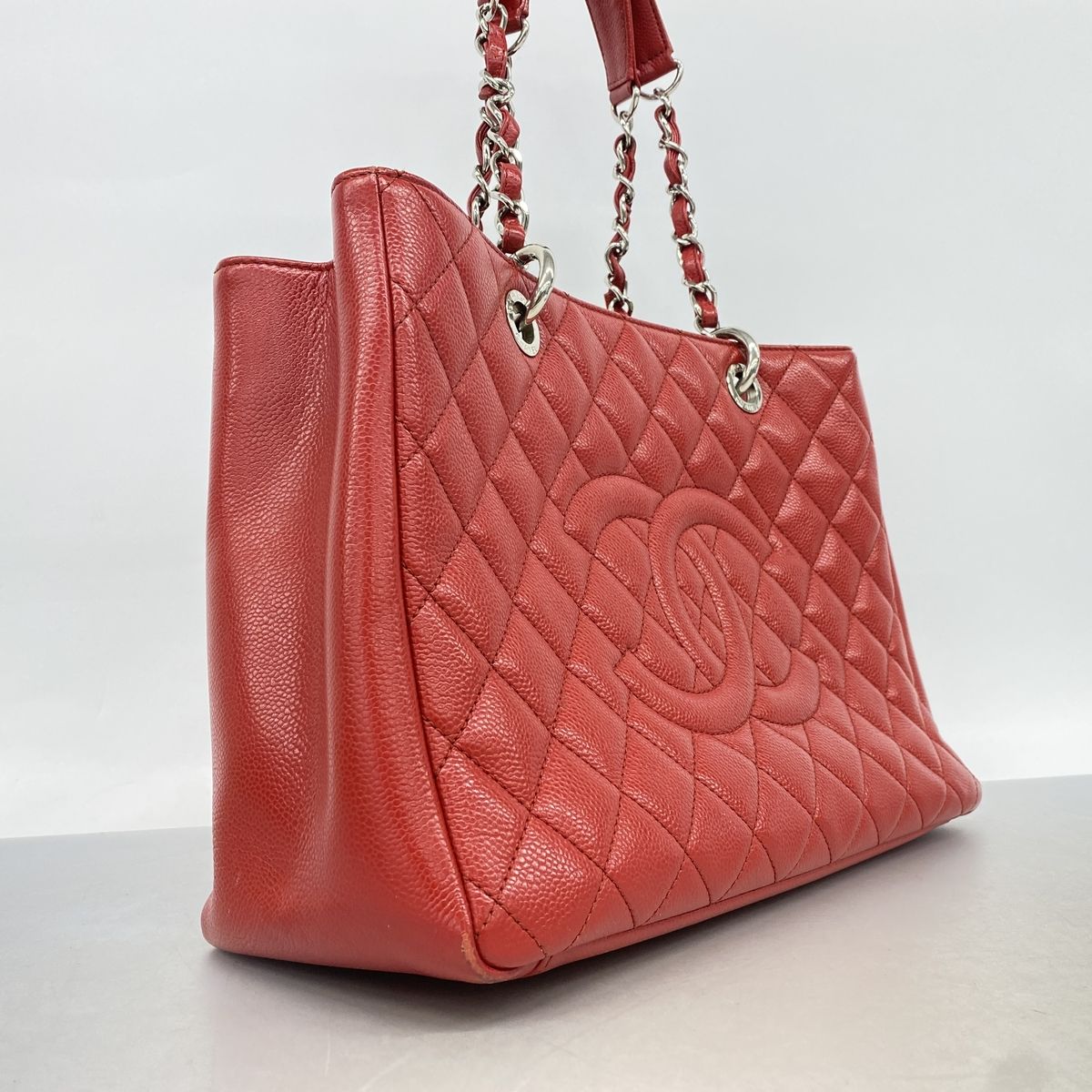 Chanel Chain Tote Bag Quilted Caviar Leather Red Silver — view 2