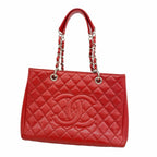 Chanel Chain Tote Bag Quilted Caviar Leather Red Silver