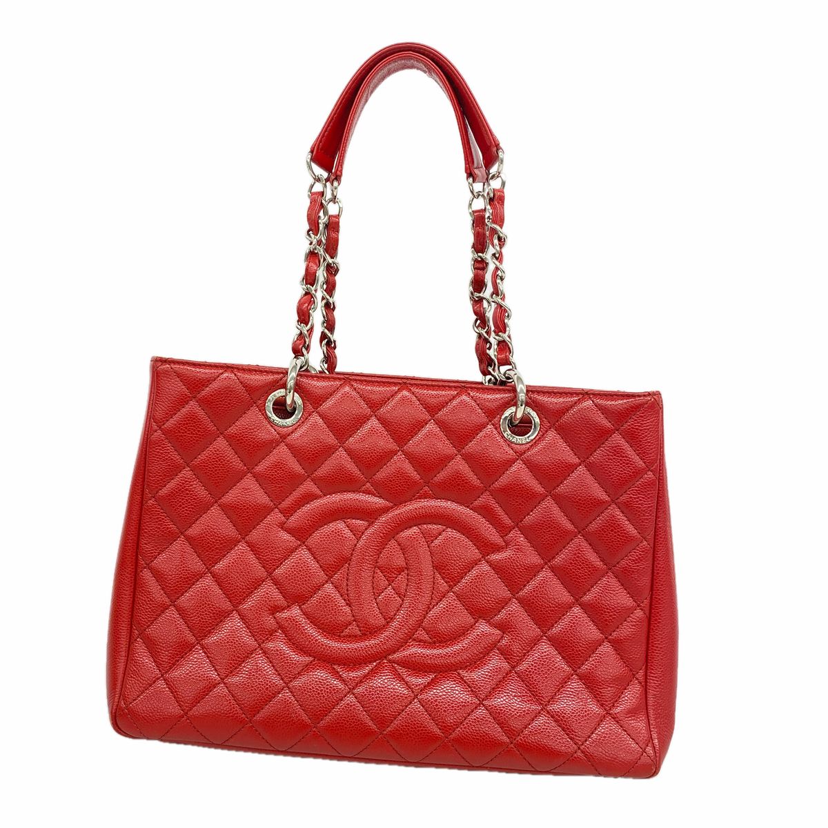 Chanel Chain Tote Bag Quilted Caviar Leather Red Silver