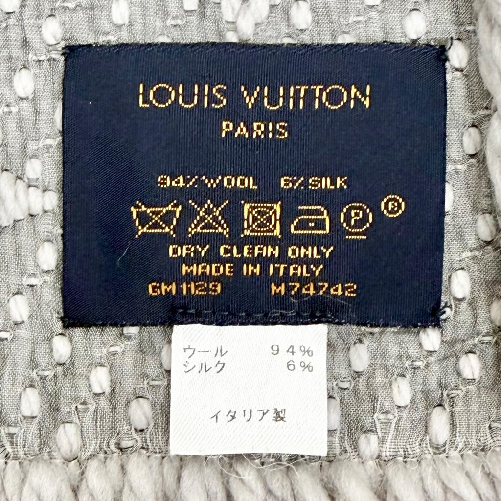Louis Vuitton Logomania Scarf Wool Silk Gray Perlee Monogram Fringe — view 6