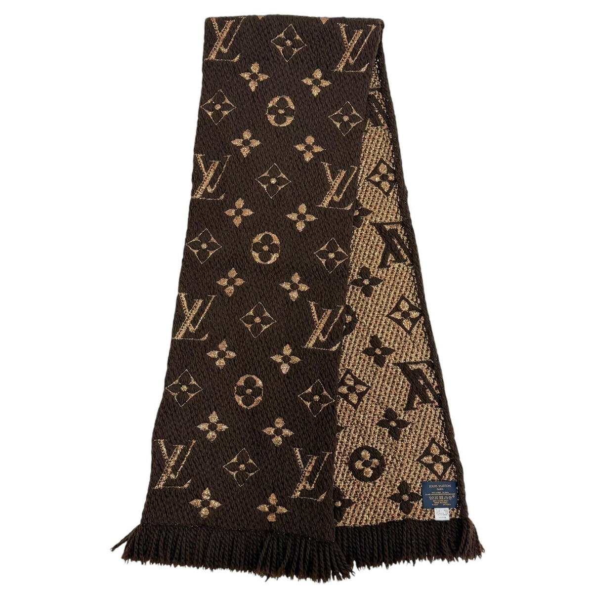 Louis Vuitton Logomania Scarf Shine Wool Silk Brown Monogram Fringe — view 4