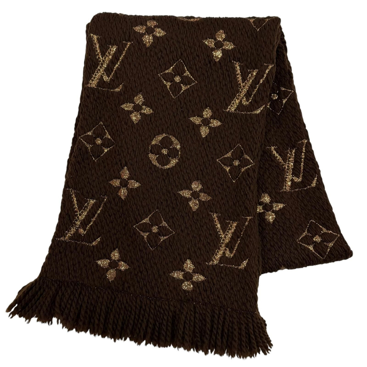 Louis Vuitton Logomania Scarf Shine Wool Silk Brown Monogram Fringe