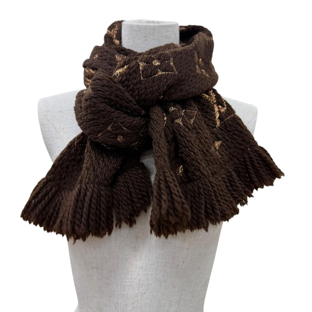 Louis Vuitton Logomania Scarf Shine Wool Silk Brown Monogram Fringe — view 3