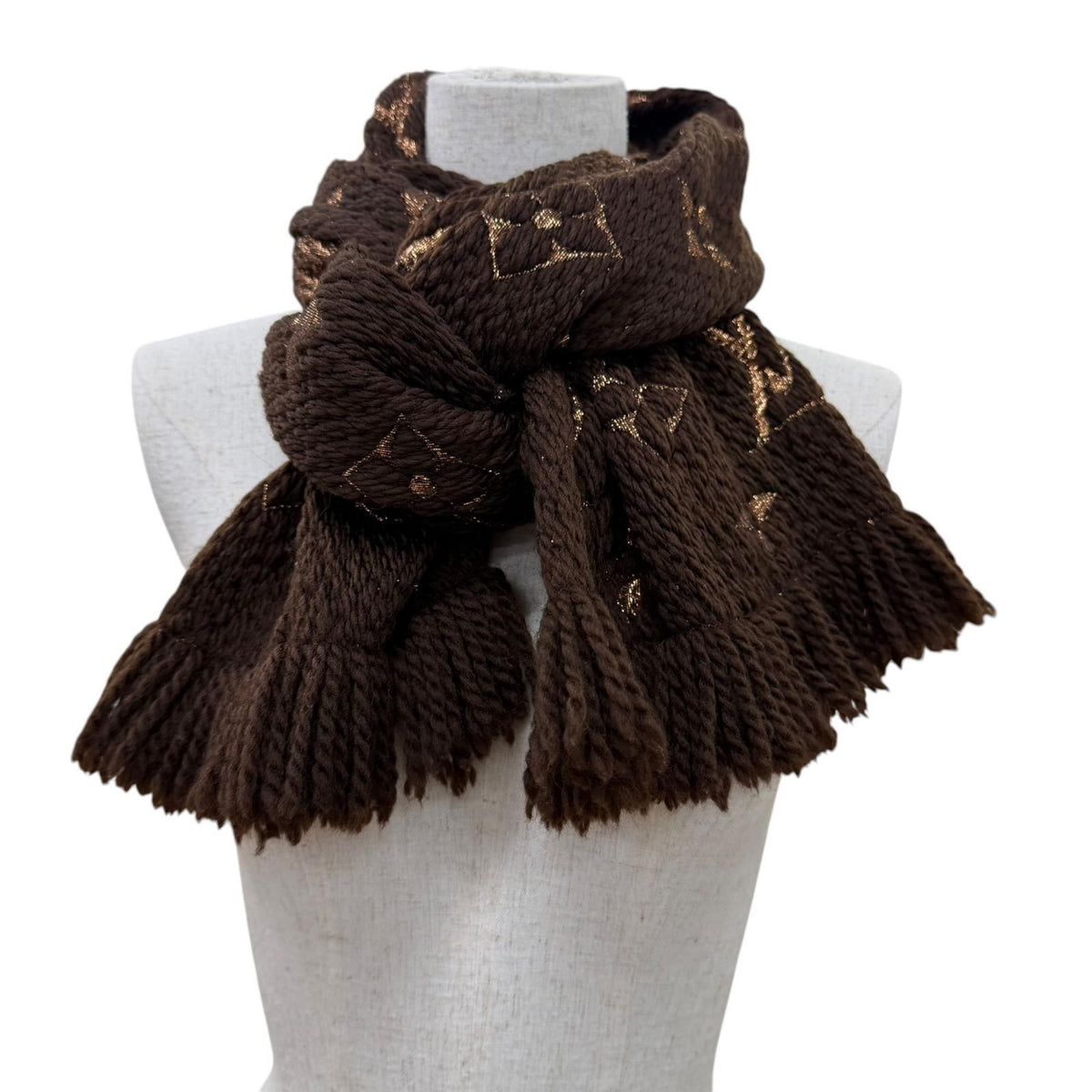 Louis Vuitton Logomania Scarf Shine Wool Silk Brown Monogram Fringe — view 3