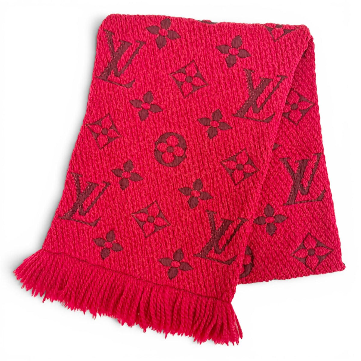 Louis Vuitton Logomania Scarf Wool Silk Ruby Monogram Fringe