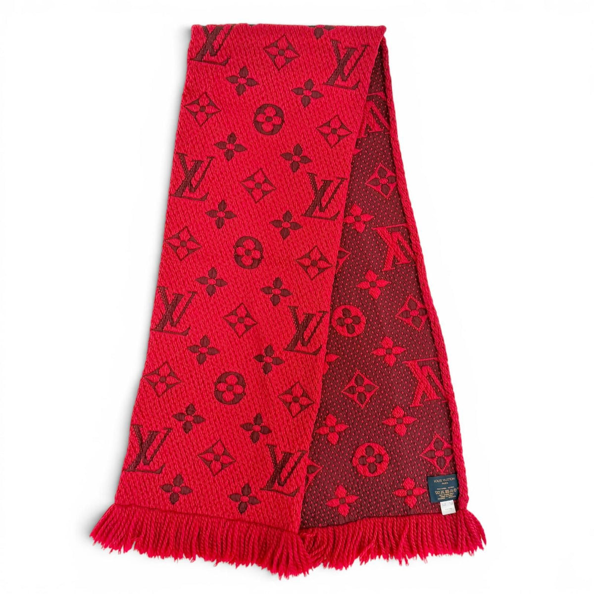 Louis Vuitton Logomania Scarf Wool Silk Ruby Monogram Fringe — view 3