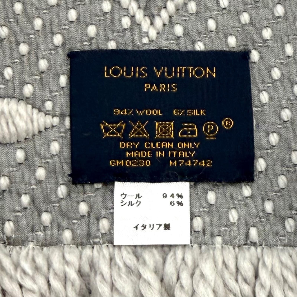 Louis Vuitton Logomania Scarf Wool Silk Blend Gray Perlee Fringe — view 8