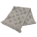 Louis Vuitton Logomania Scarf Wool Silk Blend Gray Perlee Fringe