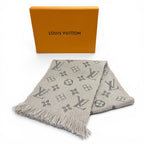 Louis Vuitton Logomania Scarf Wool Silk Blend Gray Perlee Fringe — view 2