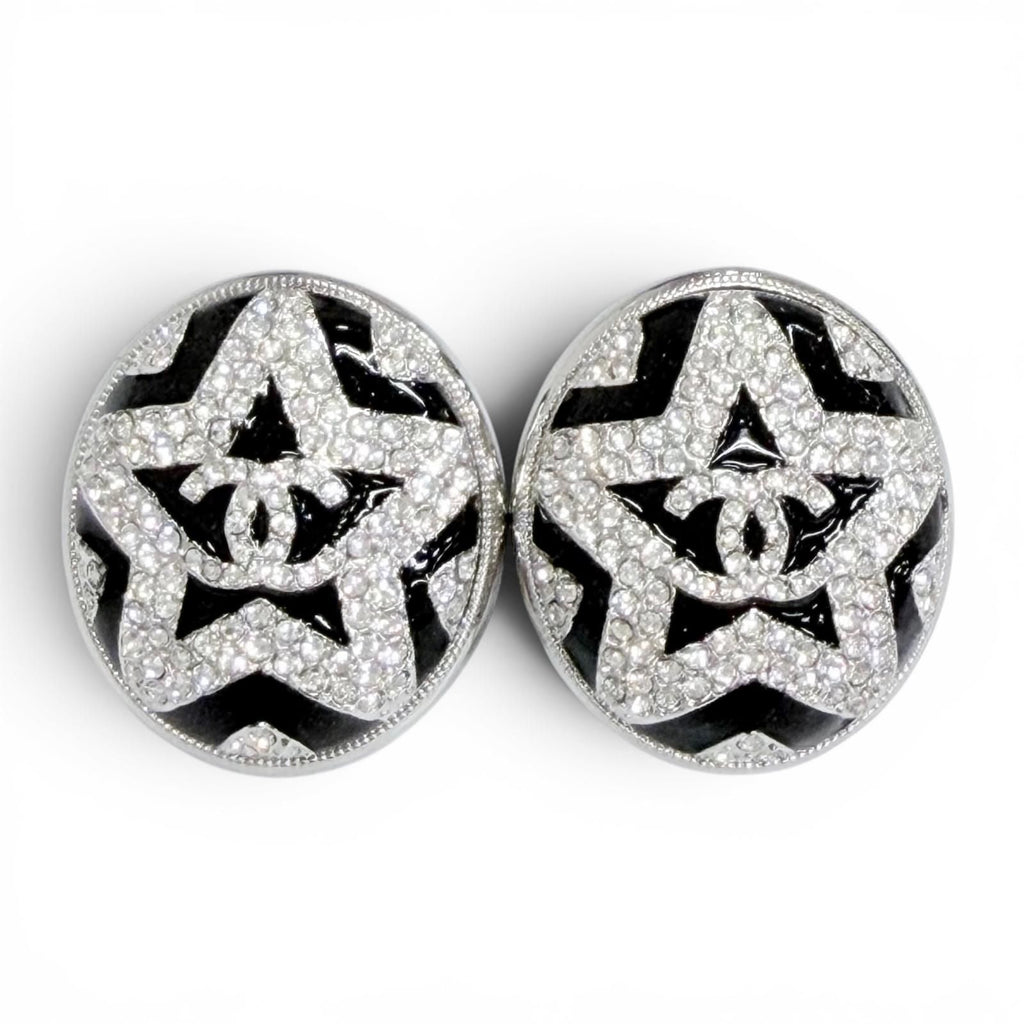 Chanel CC Logo Star Rhinestone Earrings Silver Black