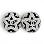 Chanel CC Logo Star Rhinestone Earrings Silver Black