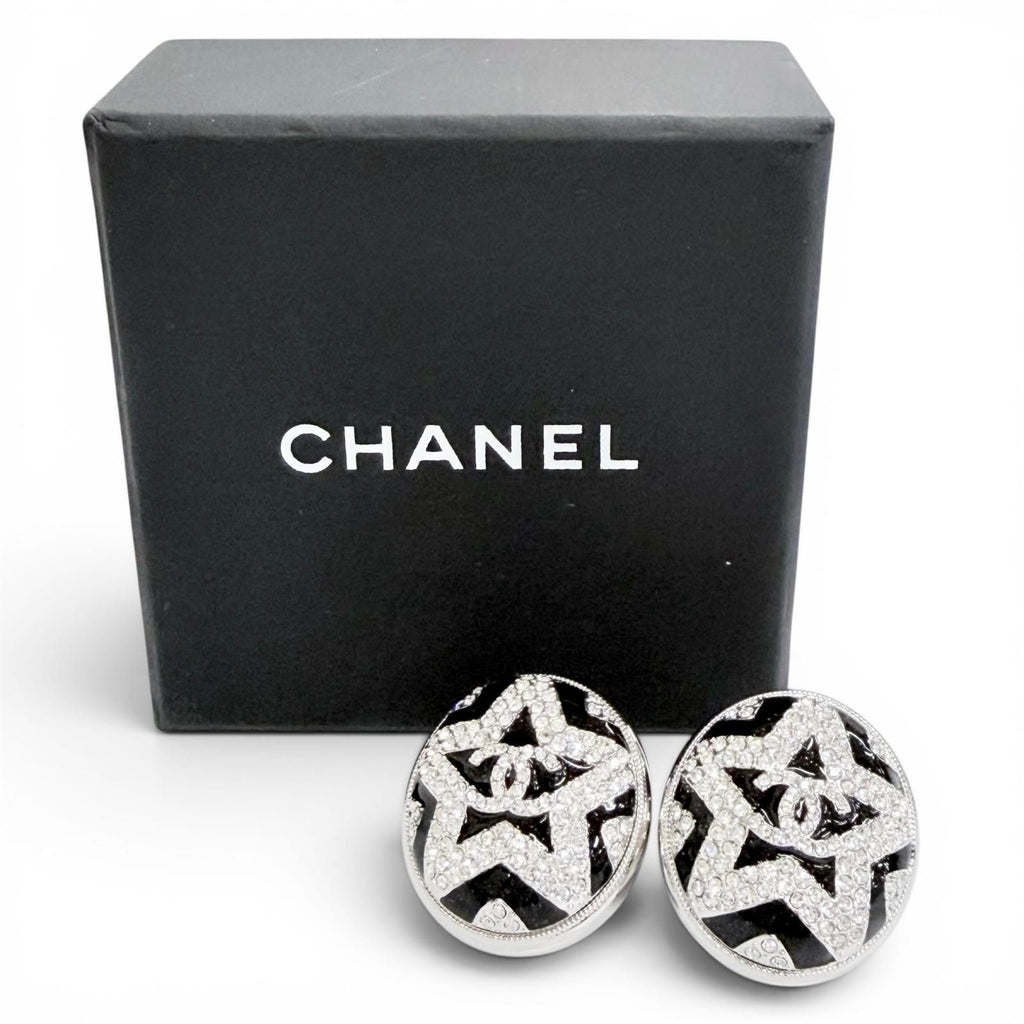 Chanel CC Logo Star Rhinestone Earrings Silver Black — view 2