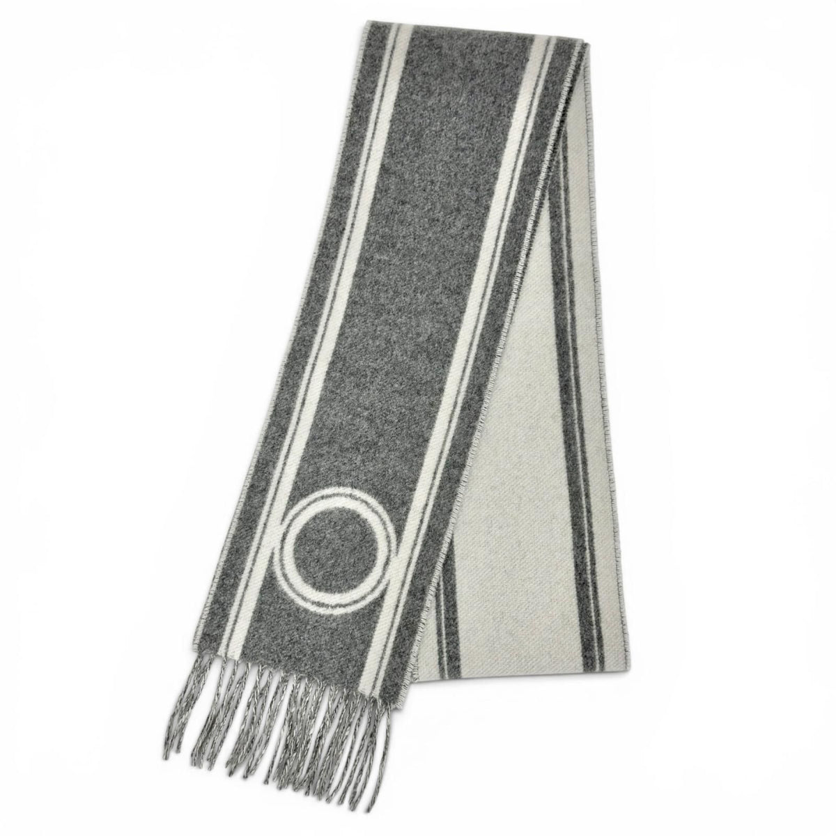 Hermes Band de Repo Cashmere Gray Flannel Ivoire Bicolor Fringe Long Scarf