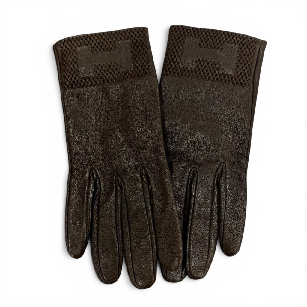 Hermes Lambskin Lining Silk 100% H Logo Design Gloves Brown 7.5