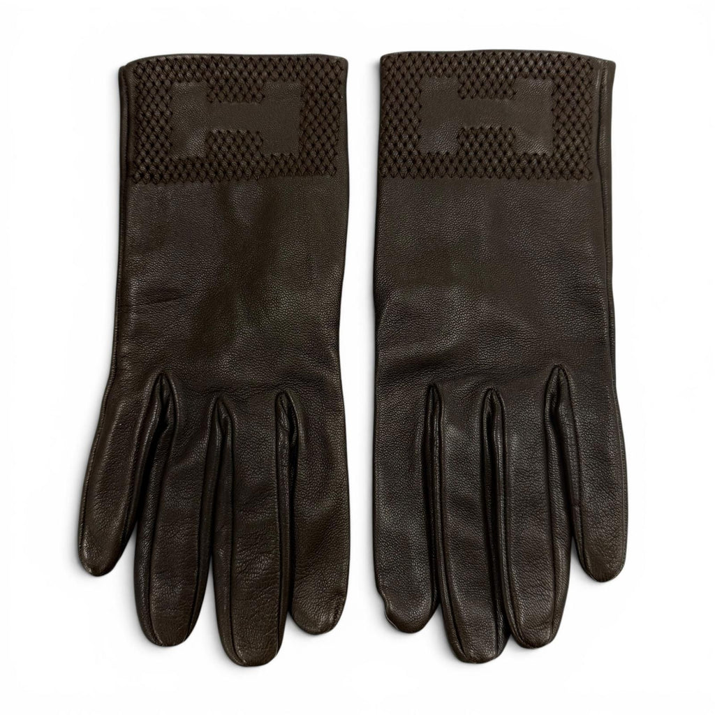 Hermes Lambskin Lining Silk 100% H Logo Design Gloves Brown 7.5 — view 2