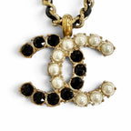 Chanel CC Logo Rhinestone Pearl Leather Chain Necklace Gold Black