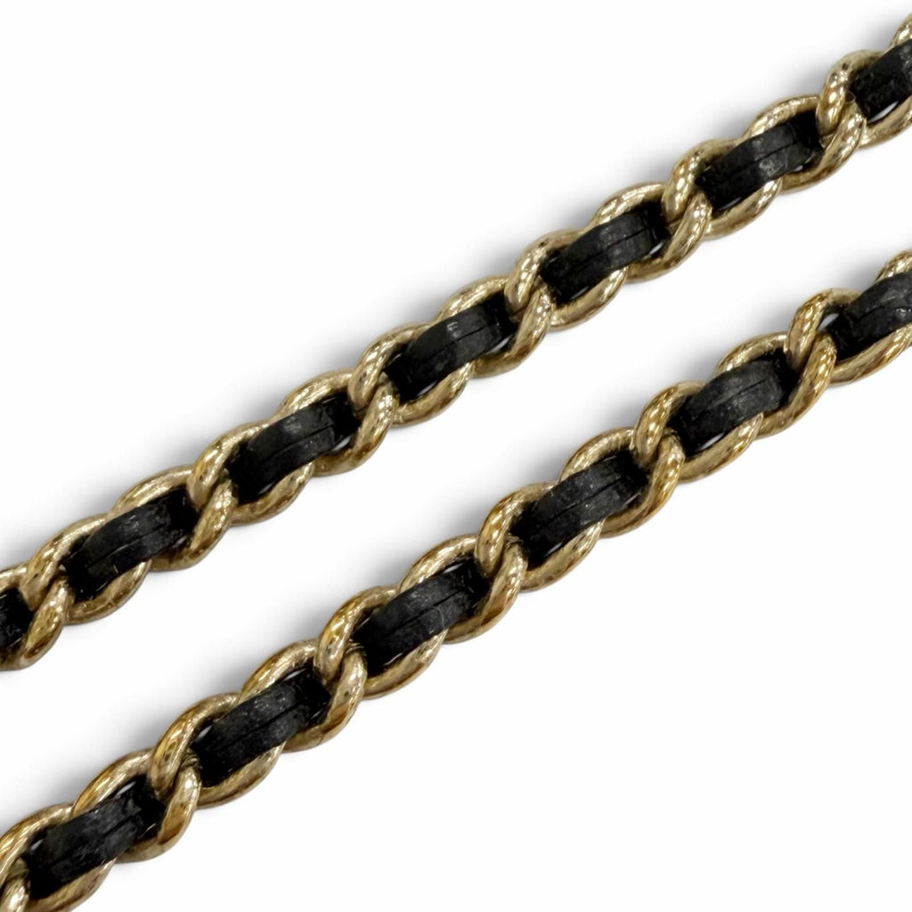 Chanel CC Logo Rhinestone Pearl Leather Chain Necklace Gold Black — view 5