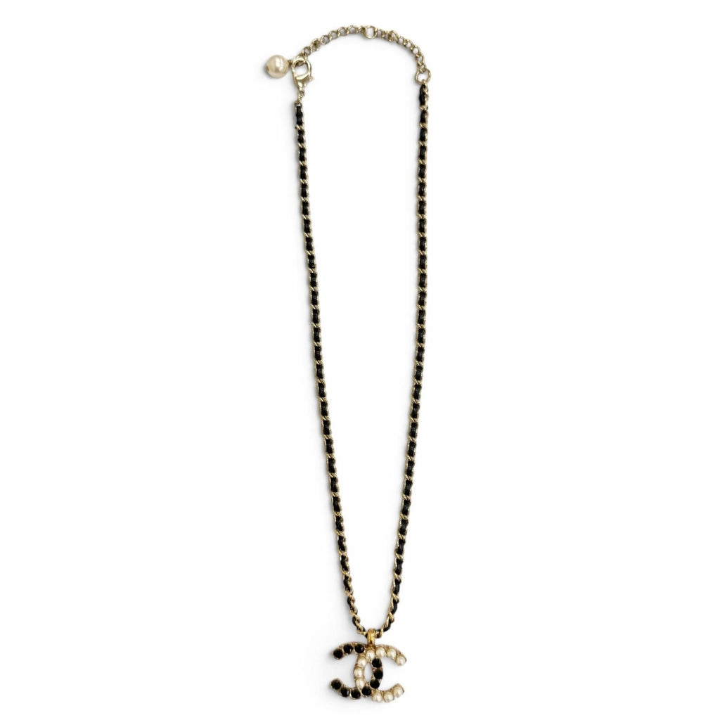 Chanel CC Logo Rhinestone Pearl Leather Chain Necklace Gold Black — view 3