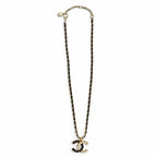 Chanel CC Logo Rhinestone Pearl Leather Chain Necklace Gold Black — view 3