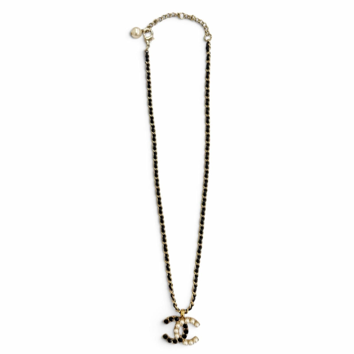Chanel CC Logo Rhinestone Pearl Leather Chain Necklace Gold Black — view 3