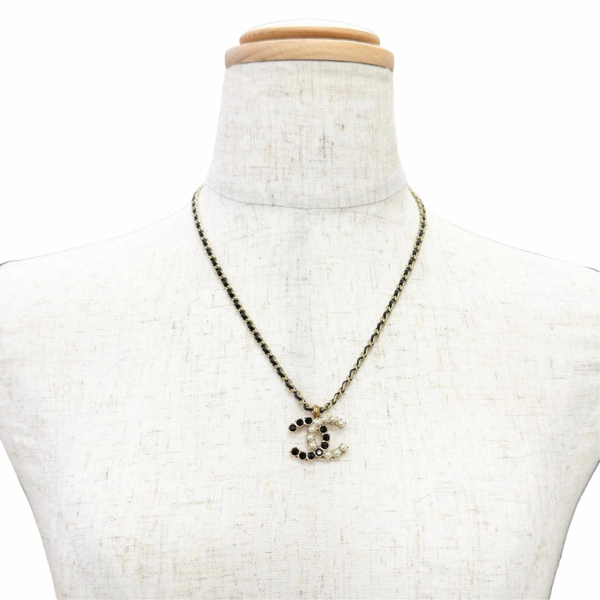 Chanel CC Logo Rhinestone Pearl Leather Chain Necklace Gold Black — view 2