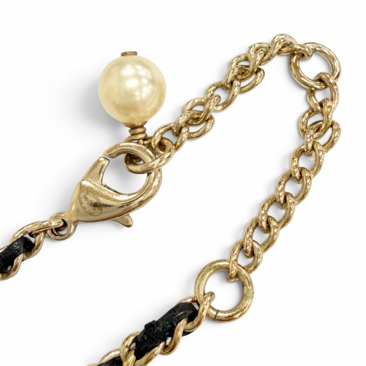 Chanel CC Logo Rhinestone Pearl Leather Chain Necklace Gold Black — view 6